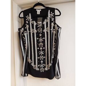 NWOT~K Jordan Black & Silver Rhinestone Embellished Cold Shoulder Tunic Top Sz L